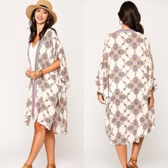 Gigio | Aster Ivory Pink Open Front Kimono Boho Bohemian Paisley Medallion Large - Picture 2 of 15